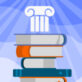 A stack of colorful books with an ionic column on top against a blue background with abstract shapes.